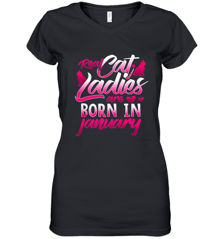 Cat Lady Born In January Cat Lover Birthday Gift For Women's V-Neck T-Shirt Women's V-Neck T-Shirt / Black / S Women's V-Neck T-Shirt - trendytshirts1