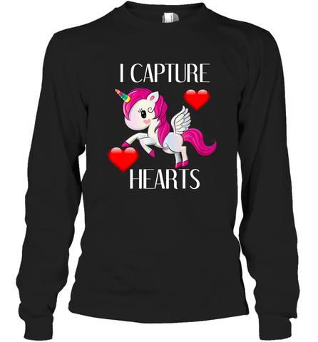 Girls Valentine's Day Unicorn I Capture Hearts Kids Gift Long Sleeve T-Shirt Long Sleeve T-Shirt / Black / S Long Sleeve T-Shirt - trendytshirts1