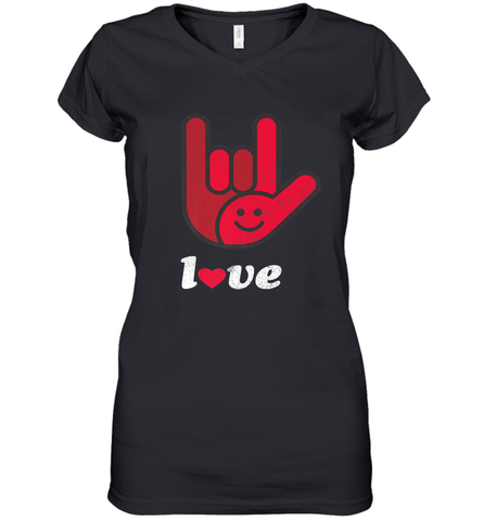 Cute Love Hand Sign Heart Valentines Day Retro Vintage Top Women's V-Neck T-Shirt Women's V-Neck T-Shirt / Black / S Women's V-Neck T-Shirt - trendytshirts1