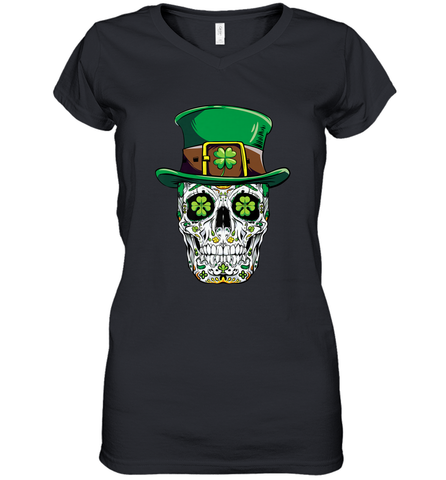 Sugar Skull Leprechaun T Shirt St Patricks Day Women Men Women's V-Neck T-Shirt Women's V-Neck T-Shirt / Black / S Women's V-Neck T-Shirt - trendytshirts1