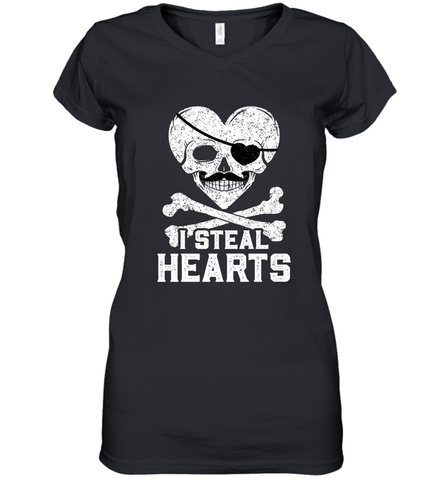 I Steal Hearts Valentine's Day Pirate Skull Art Graphics Women's V-Neck T-Shirt Women's V-Neck T-Shirt / Black / S Women's V-Neck T-Shirt - trendytshirts1
