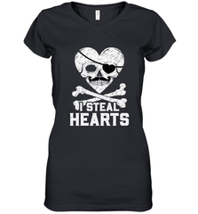 I Steal Hearts Valentine's Day Pirate Skull Art Graphics Women's V-Neck T-Shirt Women's V-Neck T-Shirt - trendytshirts1
