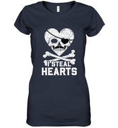 I Steal Hearts Valentine's Day Pirate Skull Art Graphics Women's V-Neck T-Shirt