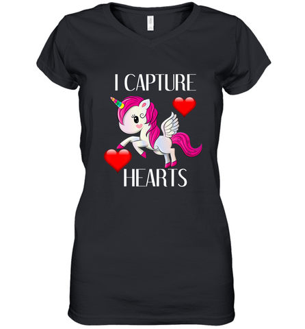 Girls Valentine's Day Unicorn I Capture Hearts Kids Gift Women's V-Neck T-Shirt Women's V-Neck T-Shirt / Black / S Women's V-Neck T-Shirt - trendytshirts1